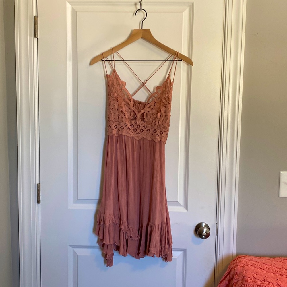 Lace-Trim Spaghetti Strap Mini Dress in Blush Pink - Picture 2 of 5